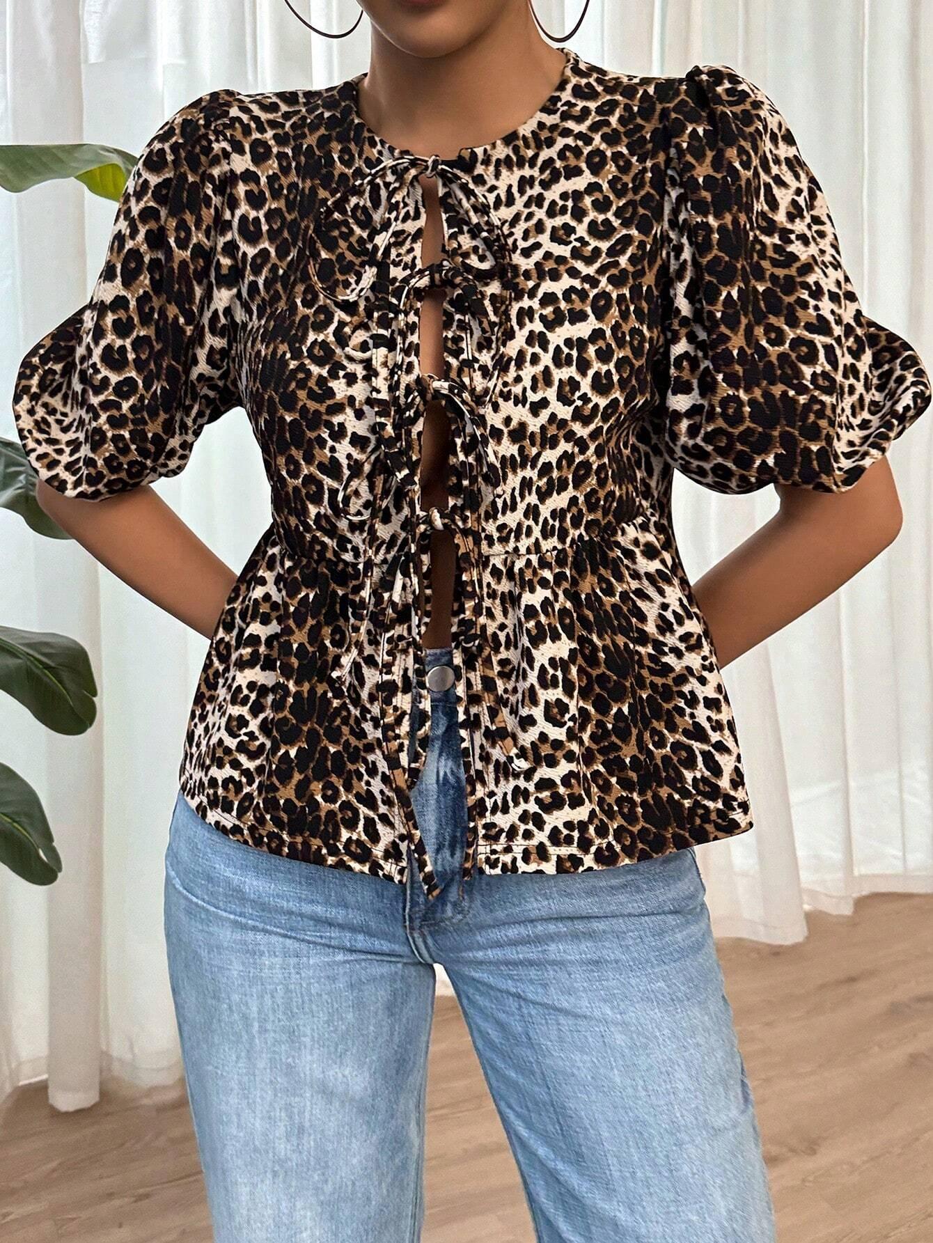 Kvinna Blus Leopardmönster Bunden Detalj Lätt Tyg-6