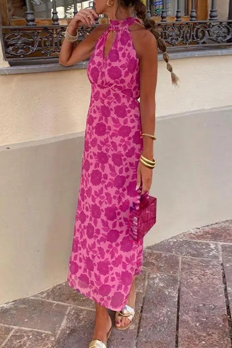 Kvinnors Halterneck Klänning Blommönster Polyester Ryggfri Design-2