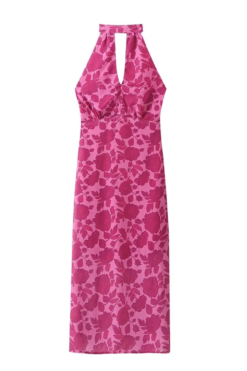 Kvinnors Halterneck Klänning Blommönster Polyester Ryggfri Design-3
