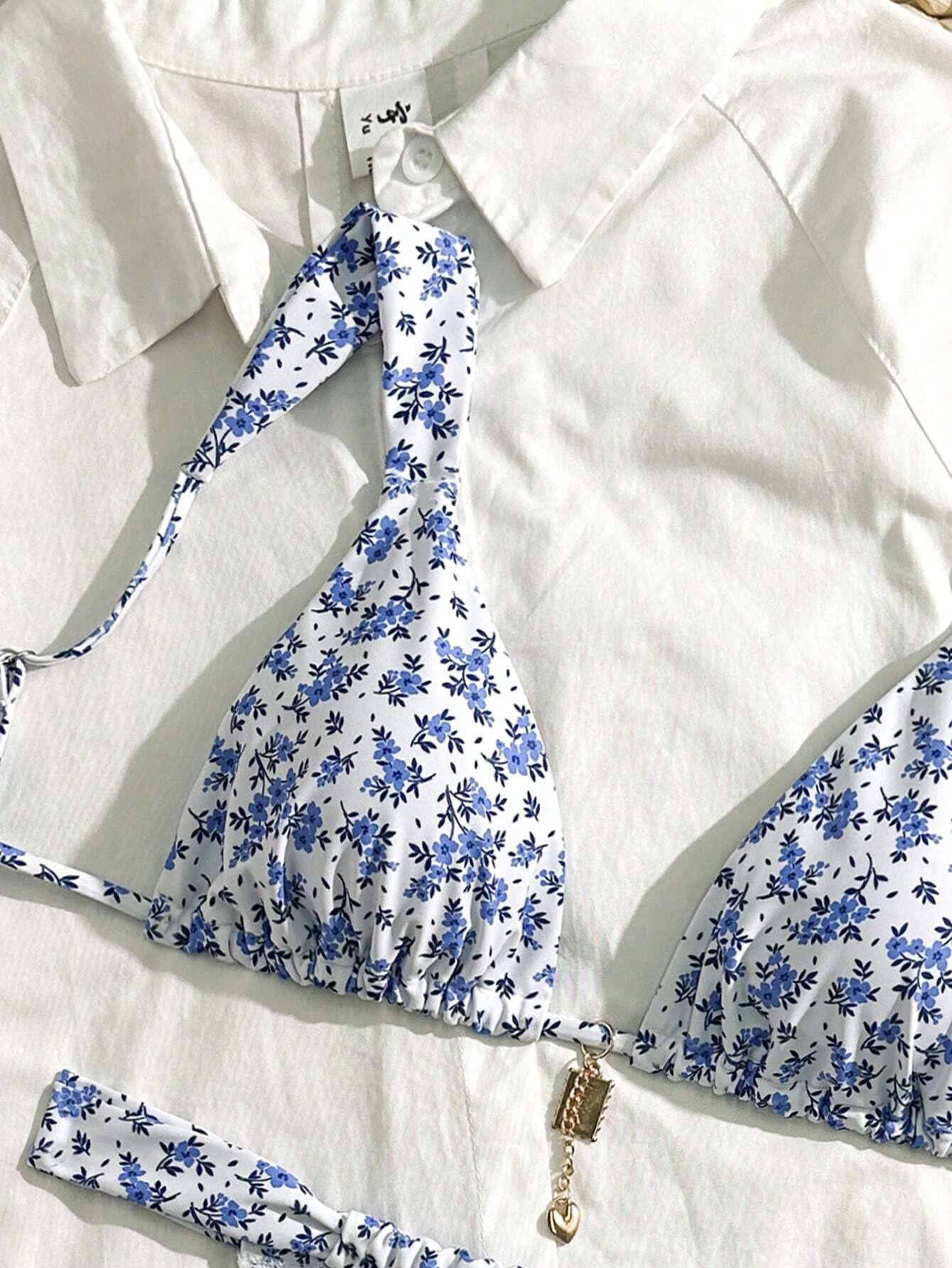Dam Bikini Set Triangel Blommönster Högkvalitativt Tyg-2