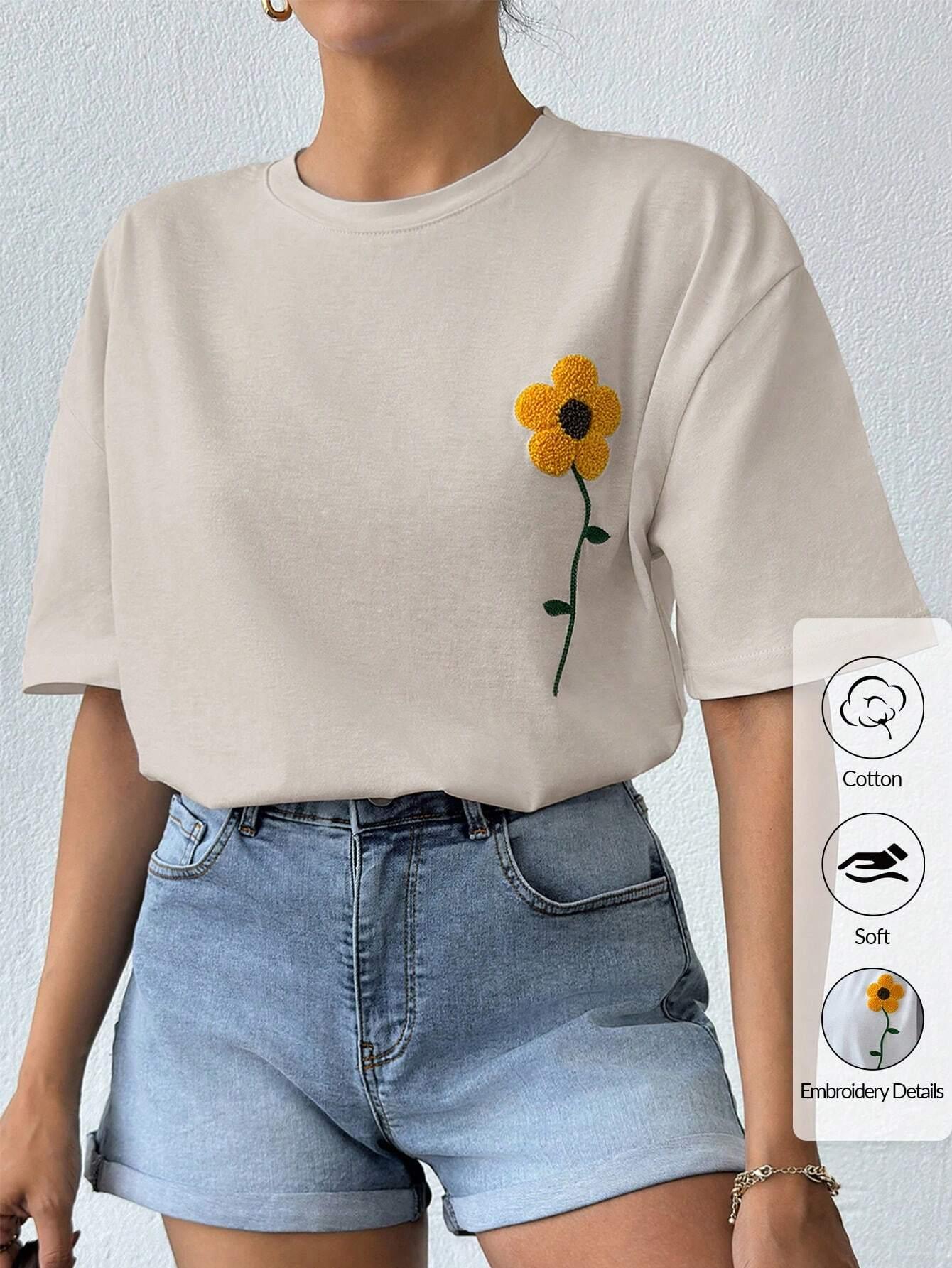 Dam T-shirt med Broderade Blommor i Bomull – Casual Passform och Andningsbart Material 9