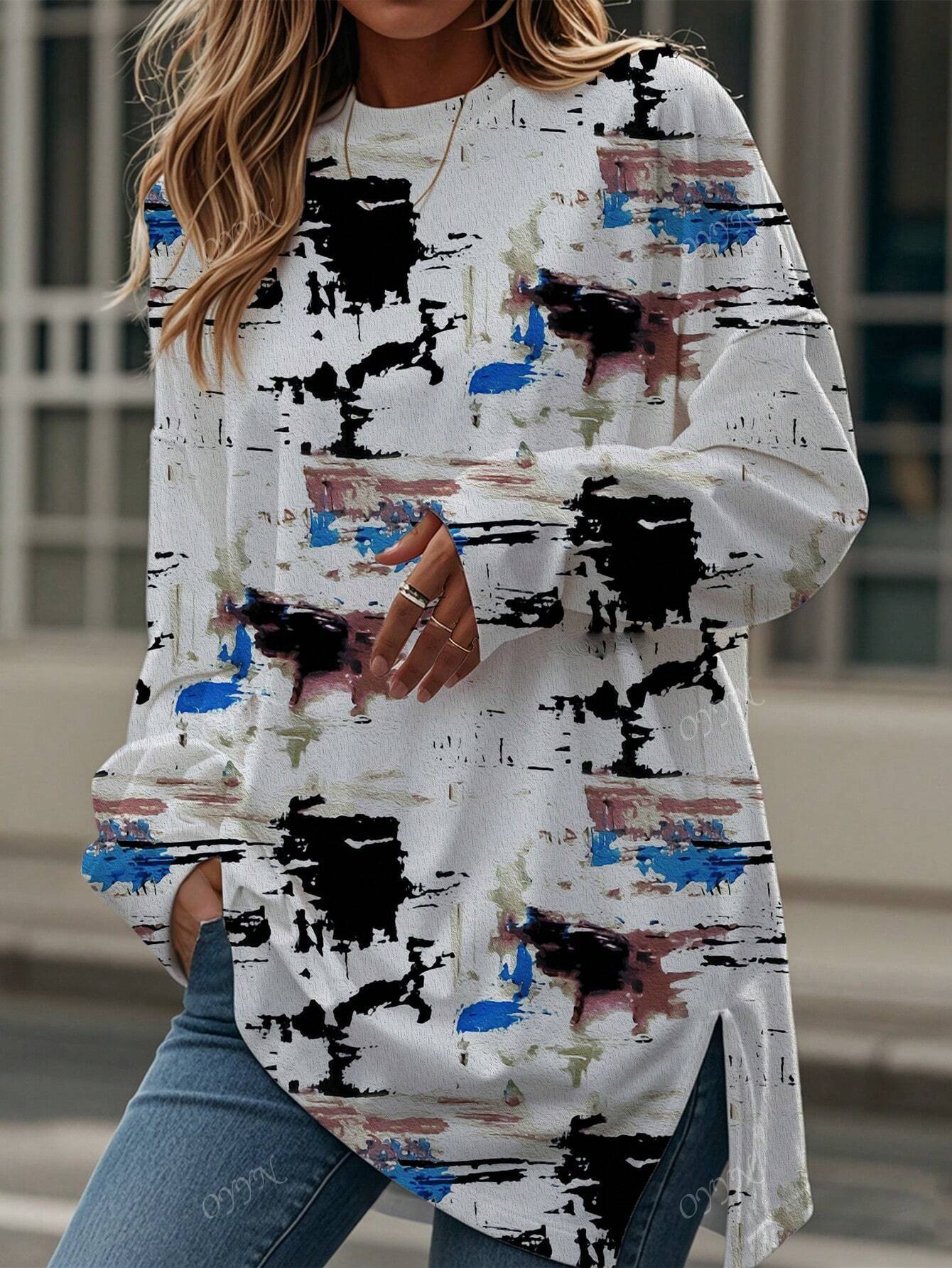 Kvinnors Långärmad T-shirt Asymmetrisk Stickad Tyg 6