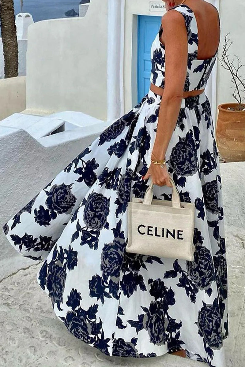 Kvinnors Tvådelad Klänning Blommönster V-ringning Polyester-4