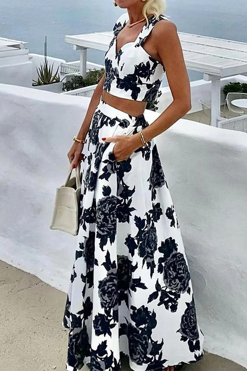 Variant image for Kvinnors Tvådelad Klänning Blommönster V-ringning Polyester-1