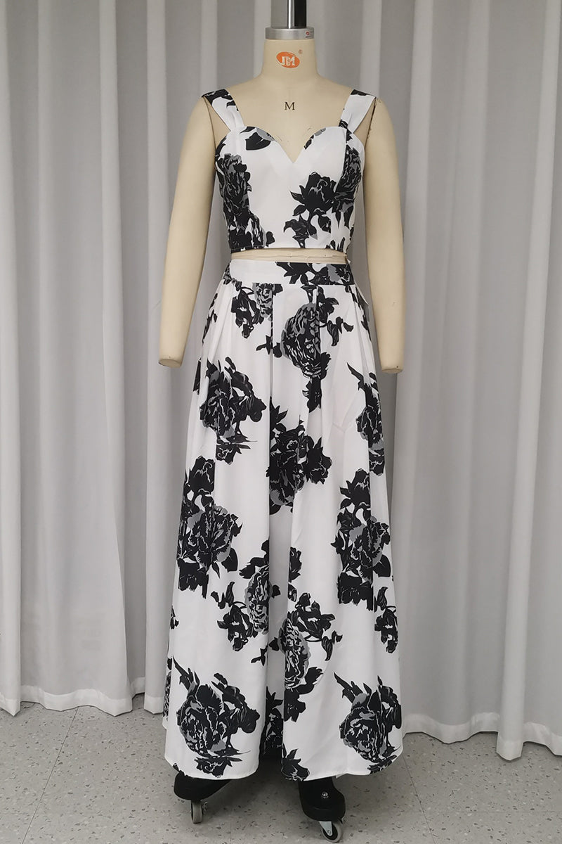 Kvinnors Tvådelad Klänning Blommönster V-ringning Polyester-5