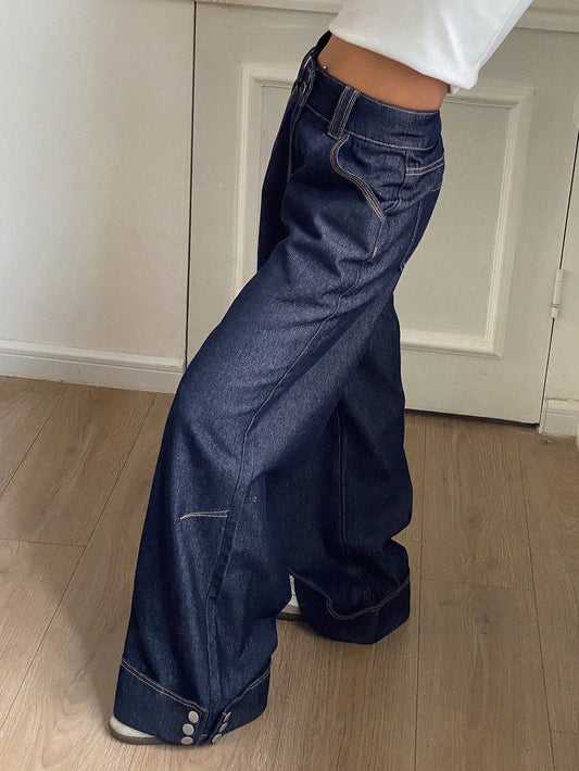 Dam Bred Jeans Vintage Hög Midja med Knappmanschetter Denim-1