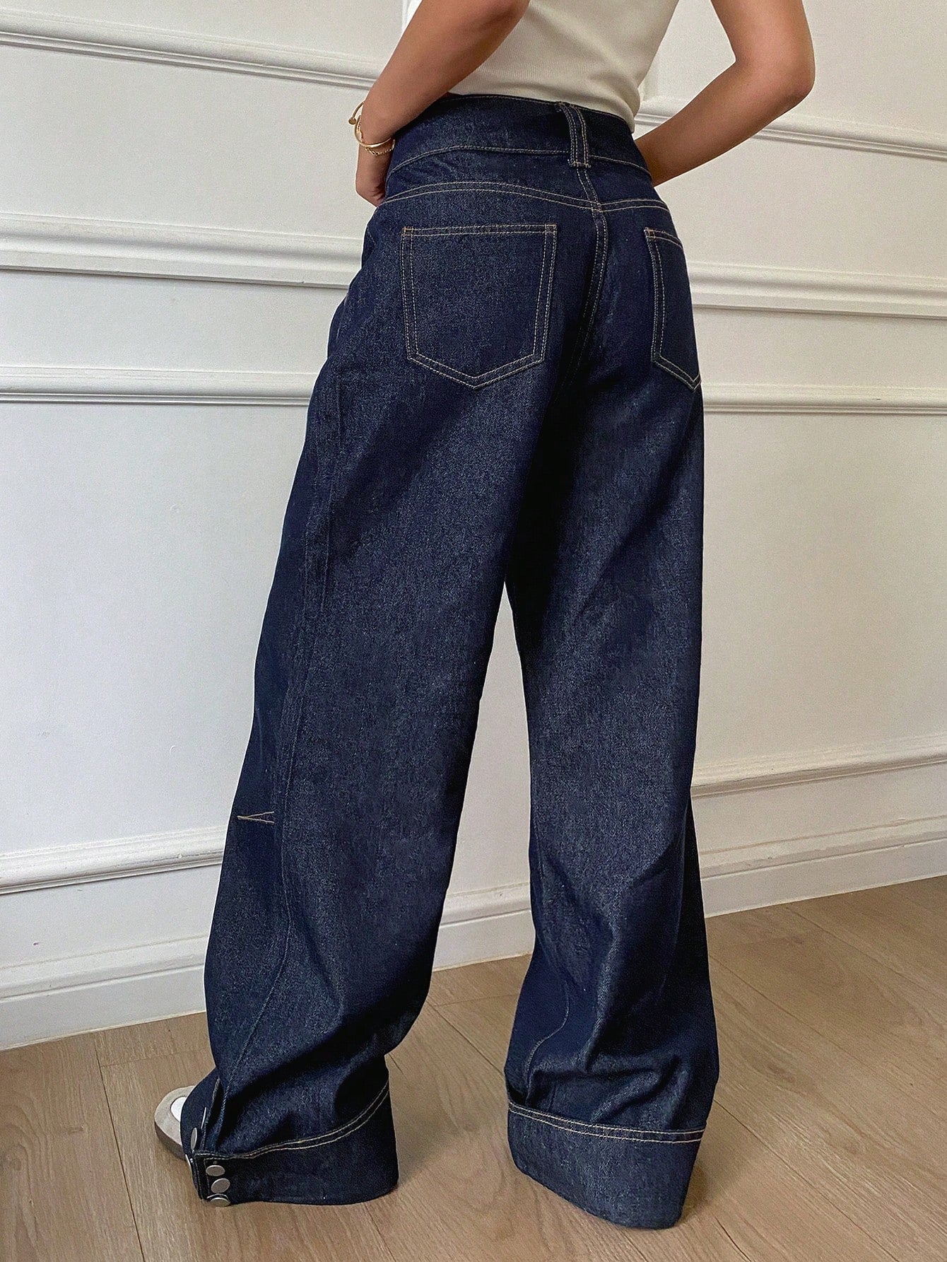Dam Bred Jeans Vintage Hög Midja med Knappmanschetter Denim-3