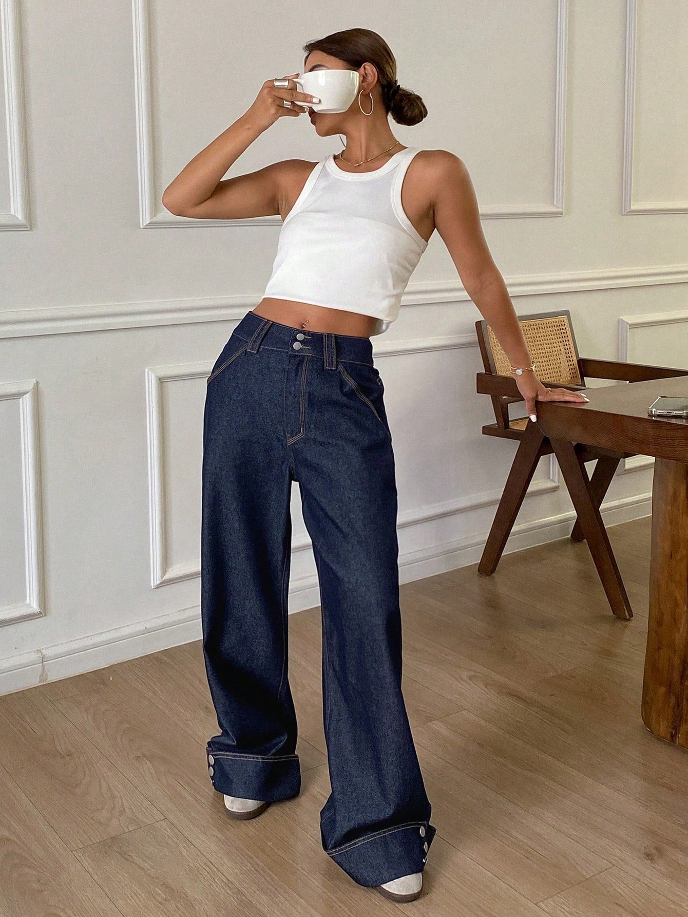 Dam Bred Jeans Vintage Hög Midja med Knappmanschetter Denim-5