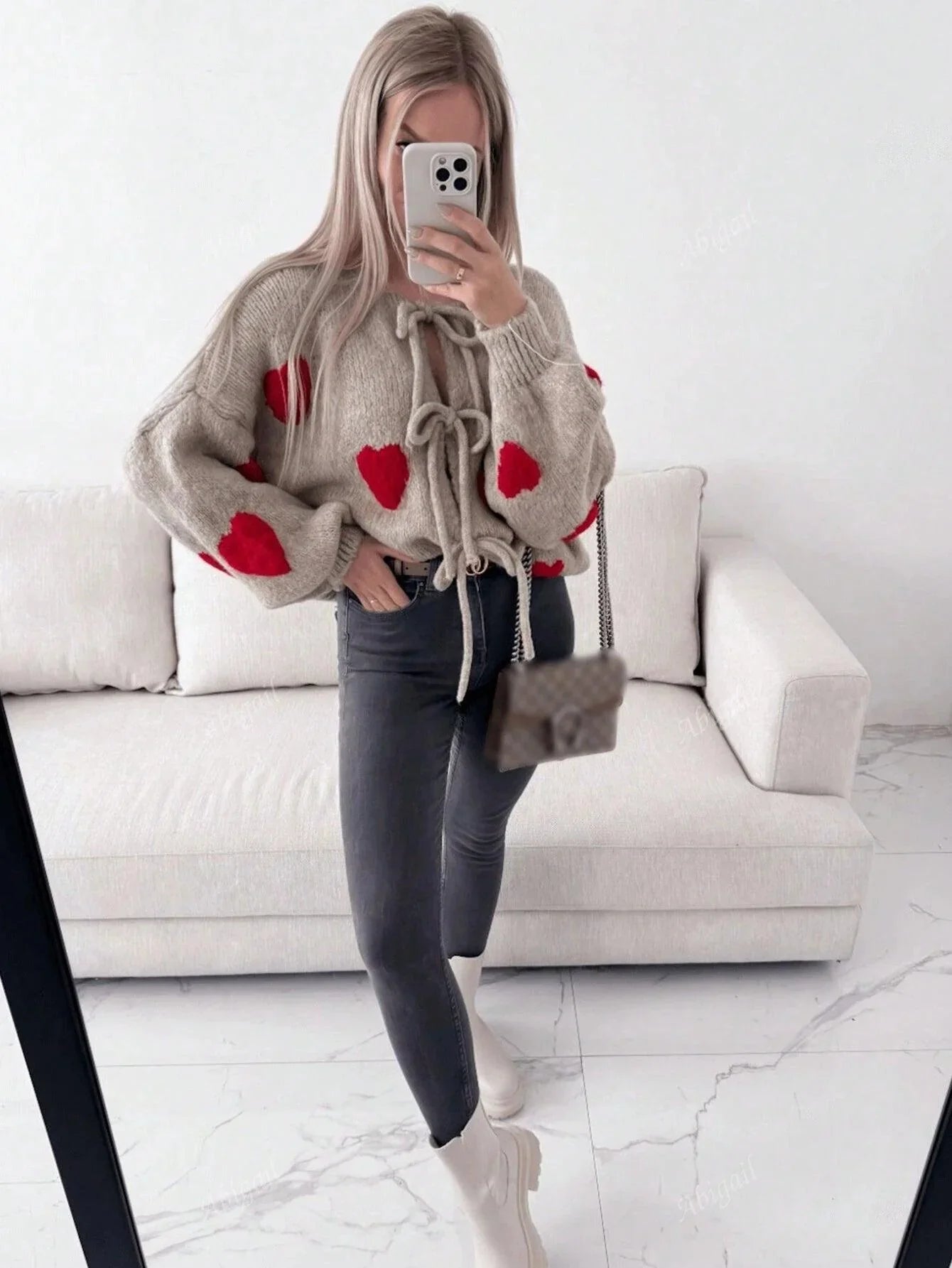 Dam Cardigan Hjärtmönster Mjuk Textil-4