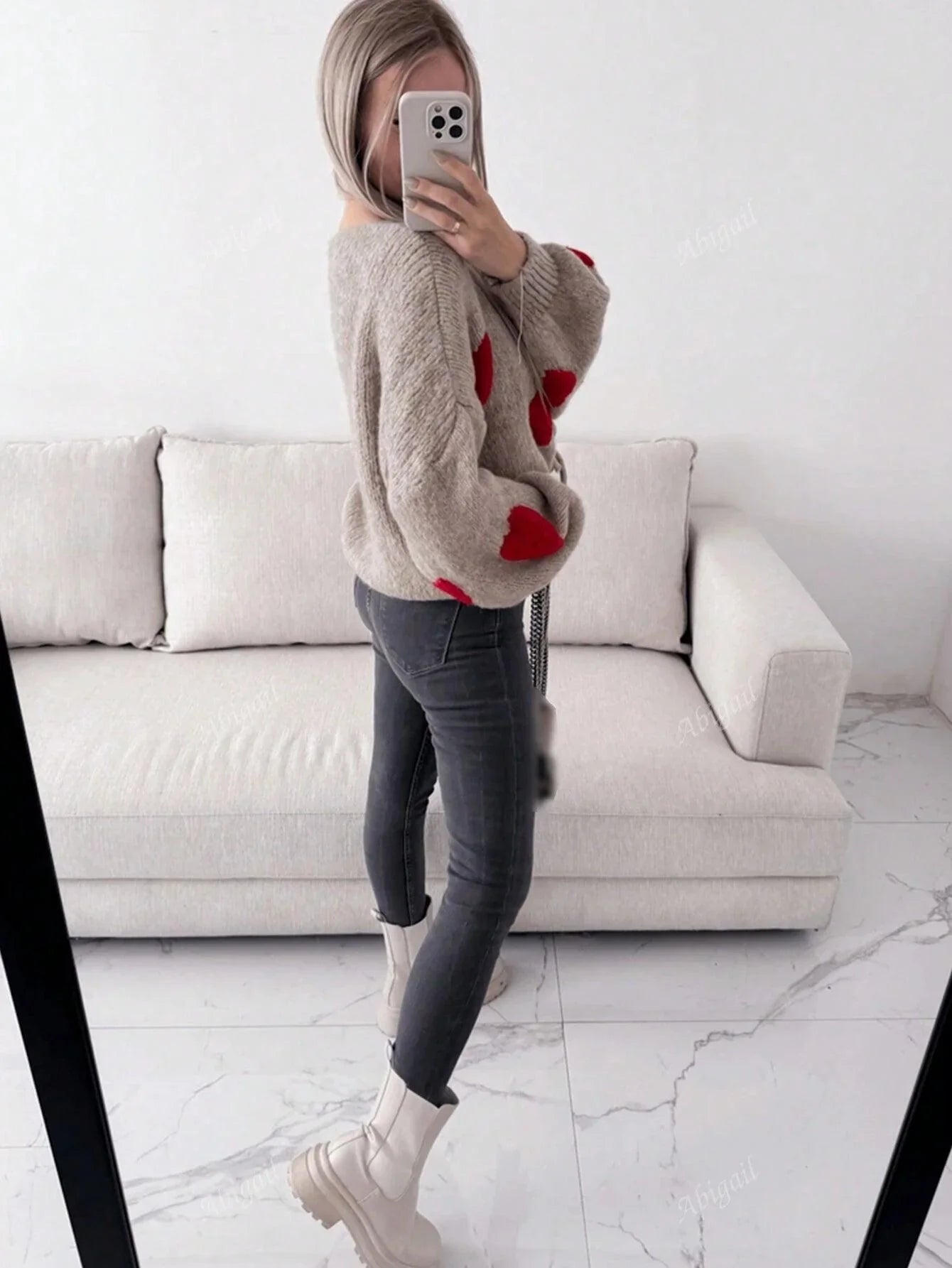 Dam Cardigan Hjärtmönster Mjuk Textil-5