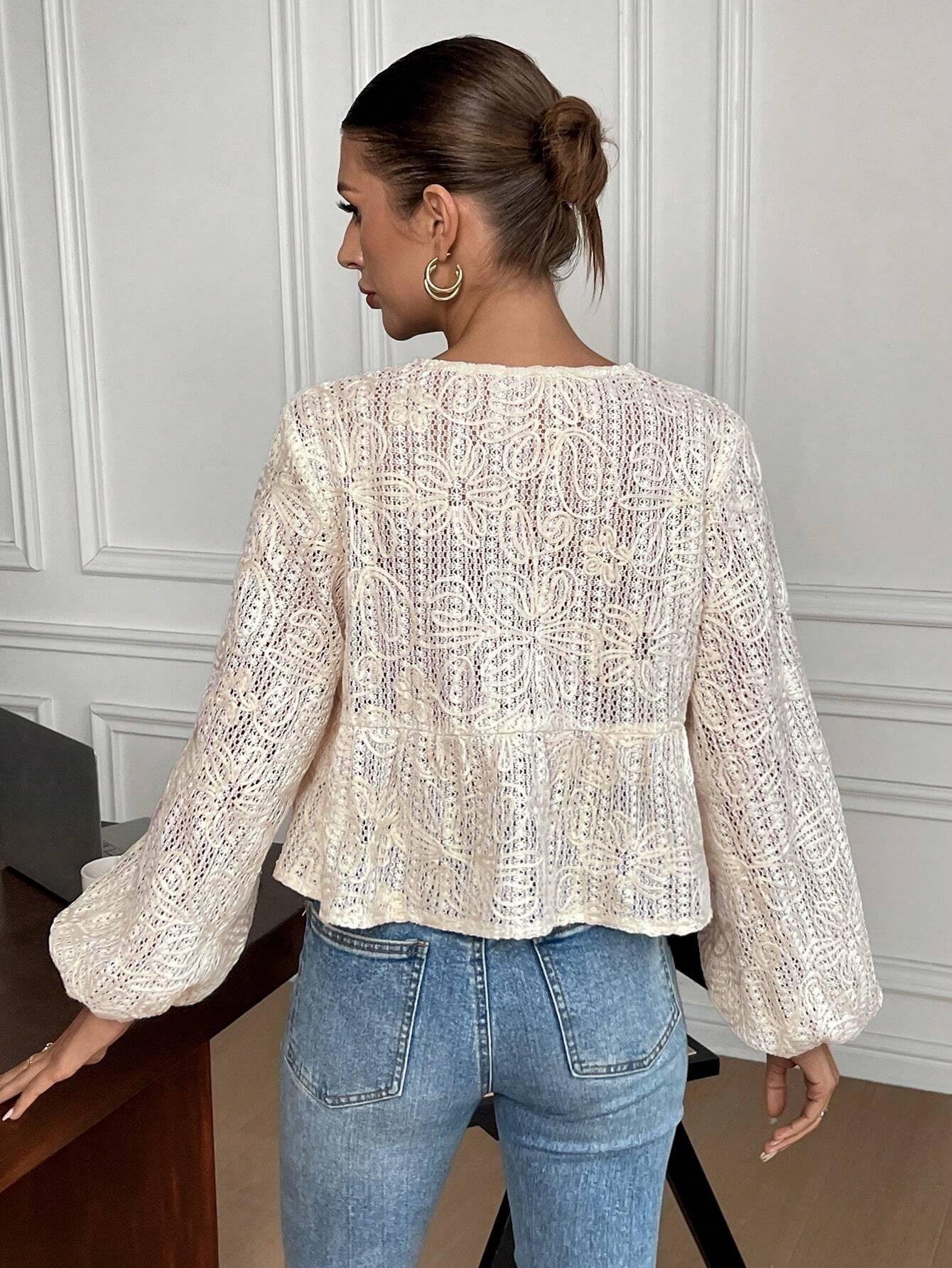 Kvinnors Virkblus Snörning 100% Bomull-2