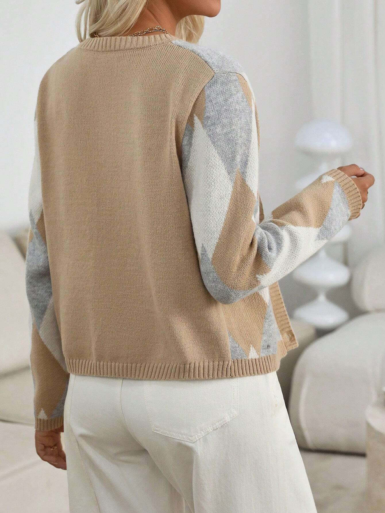 Dunväst Dam Diamond Mönster Stickad Design för Lager-På-Lager Styling-2