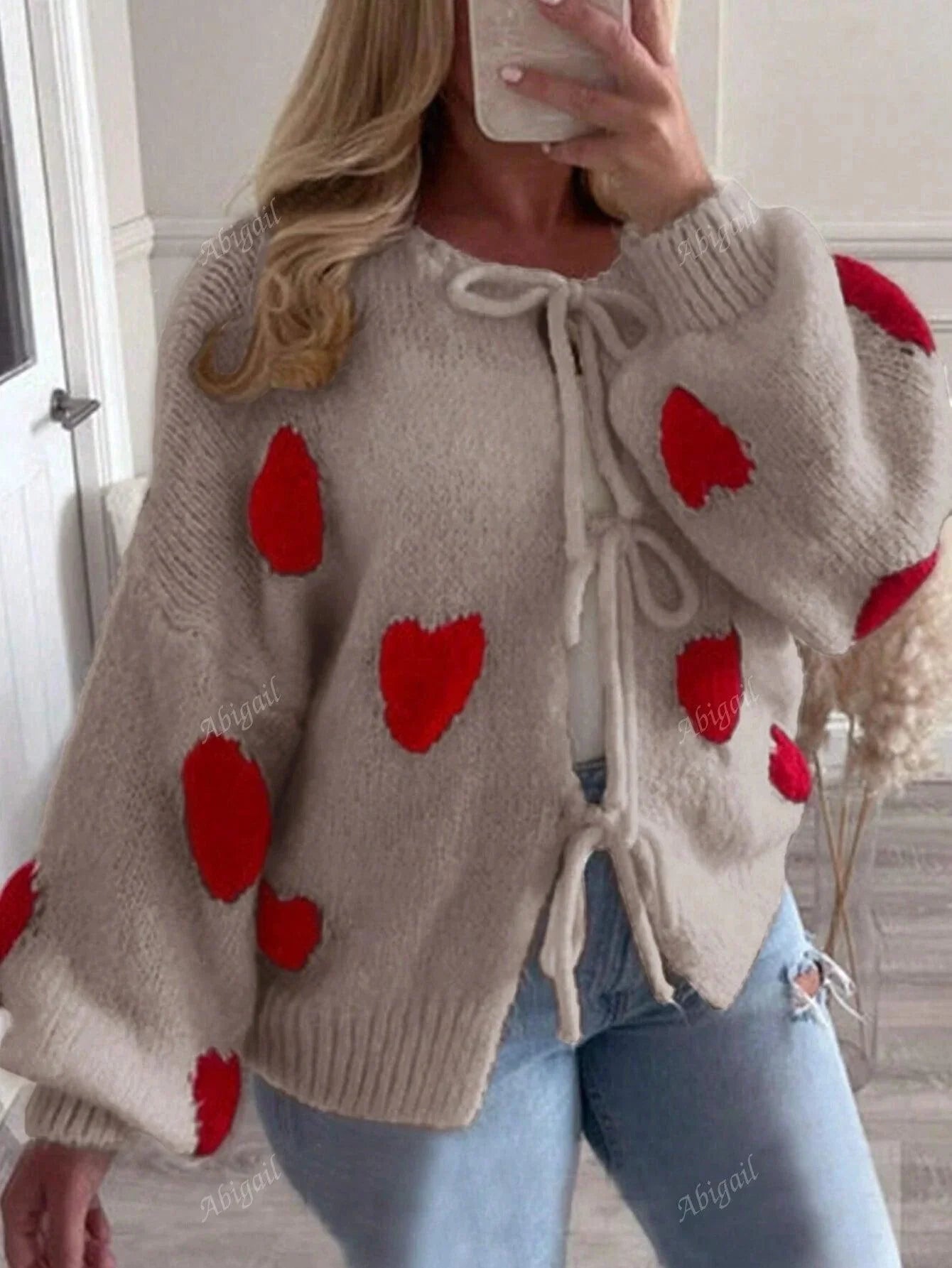 Dam Cardigan Hjärtmönster Mjuk Textil-3
