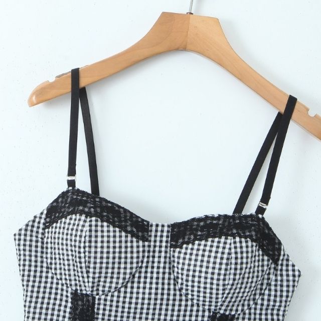 Dam Festtopp Vichy-Karo med Spetsdetaljer Polyester-3