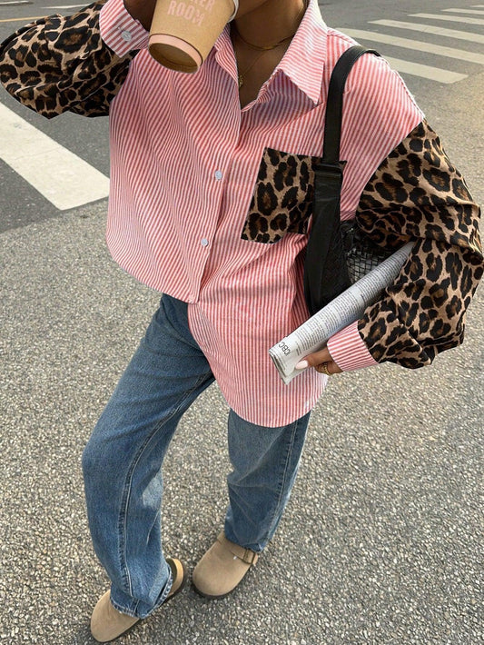 Kvinnors LÄngÀrmad Blus Randig Leopardmönster Andningsbart Tyg-1