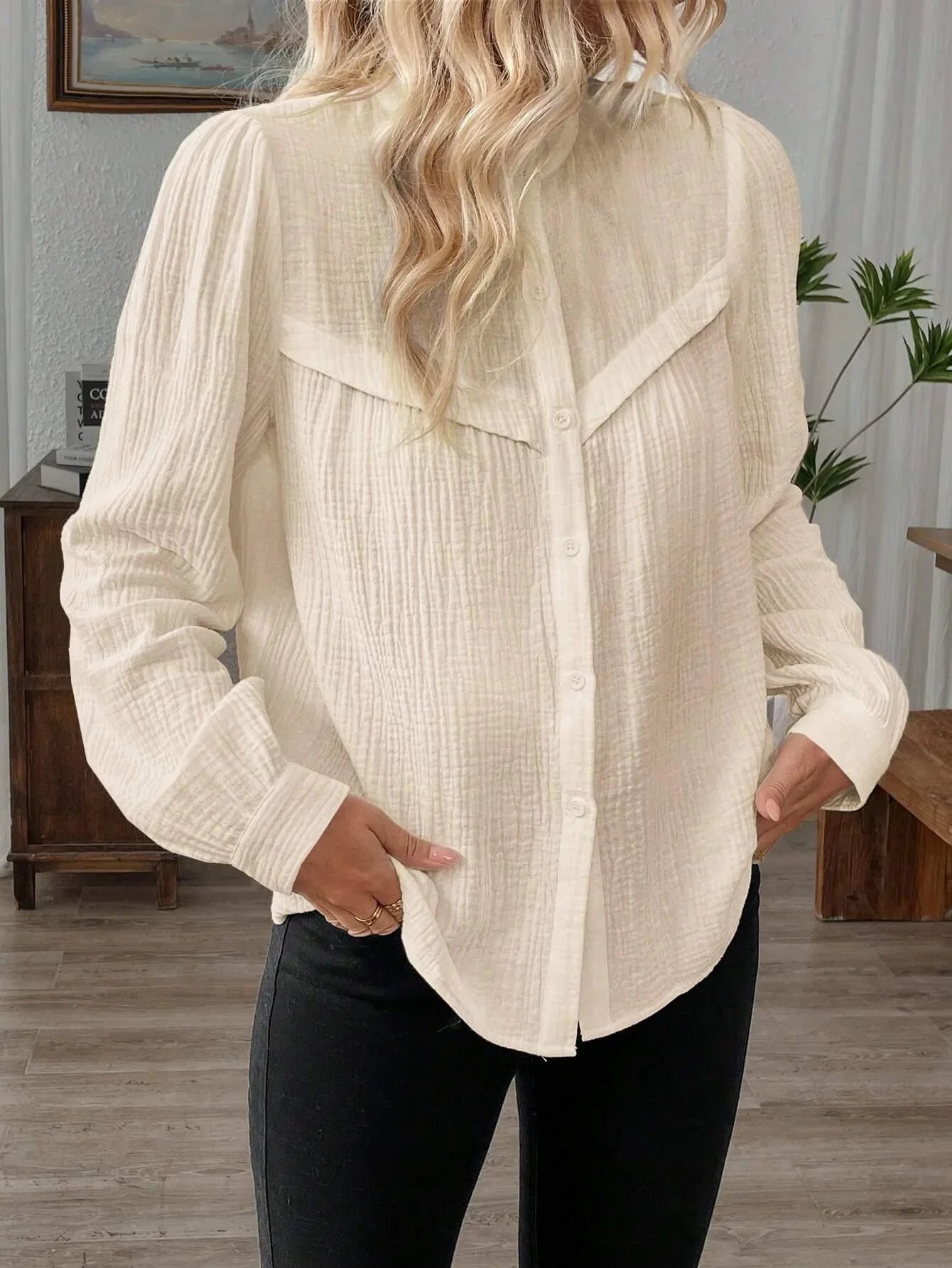 Kvinnors Knappblus Elegant Andningsbart Tyg-3