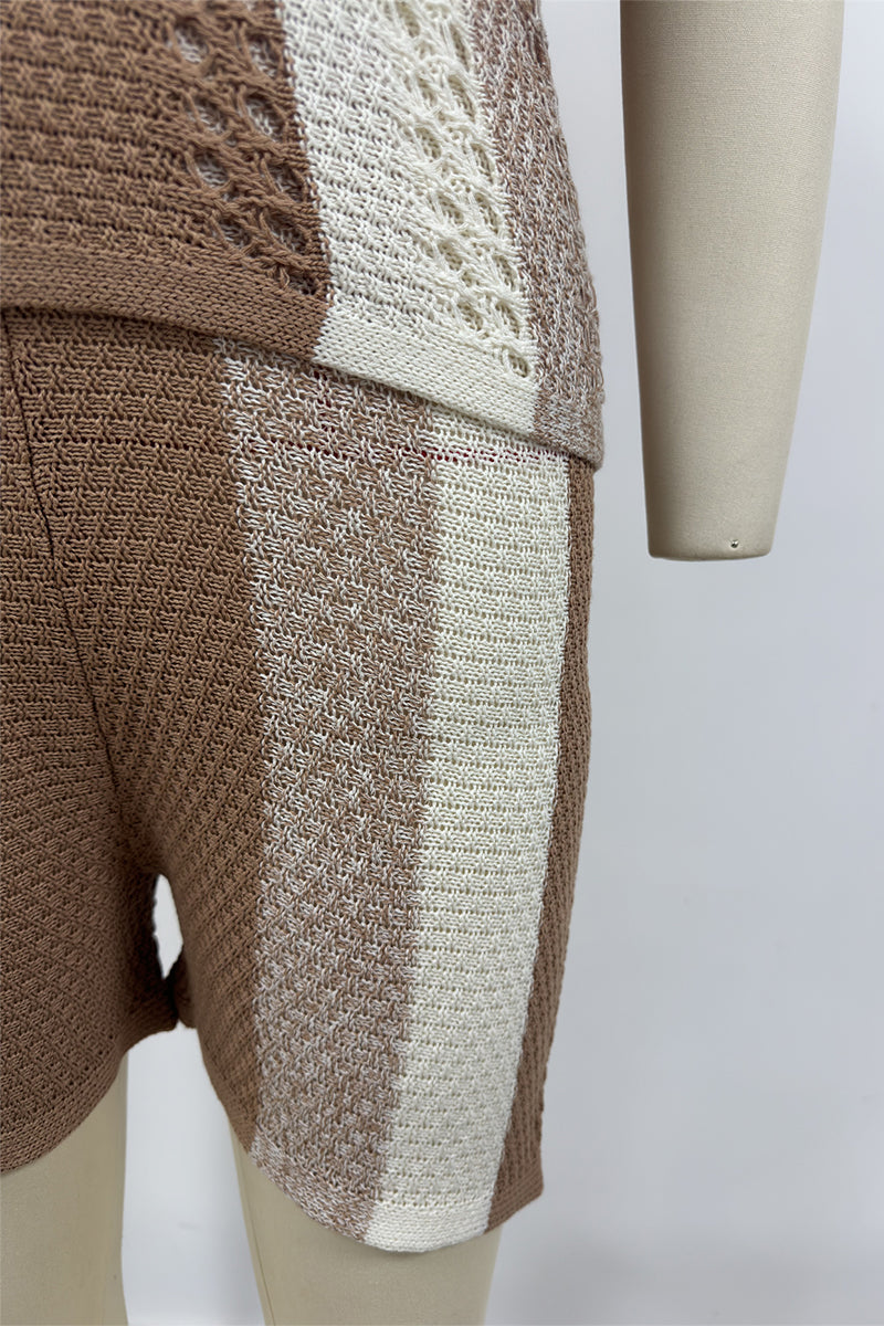 Tvådelat Set Dam Randig V-ringning Korta Ärmar 100% Bomull-6