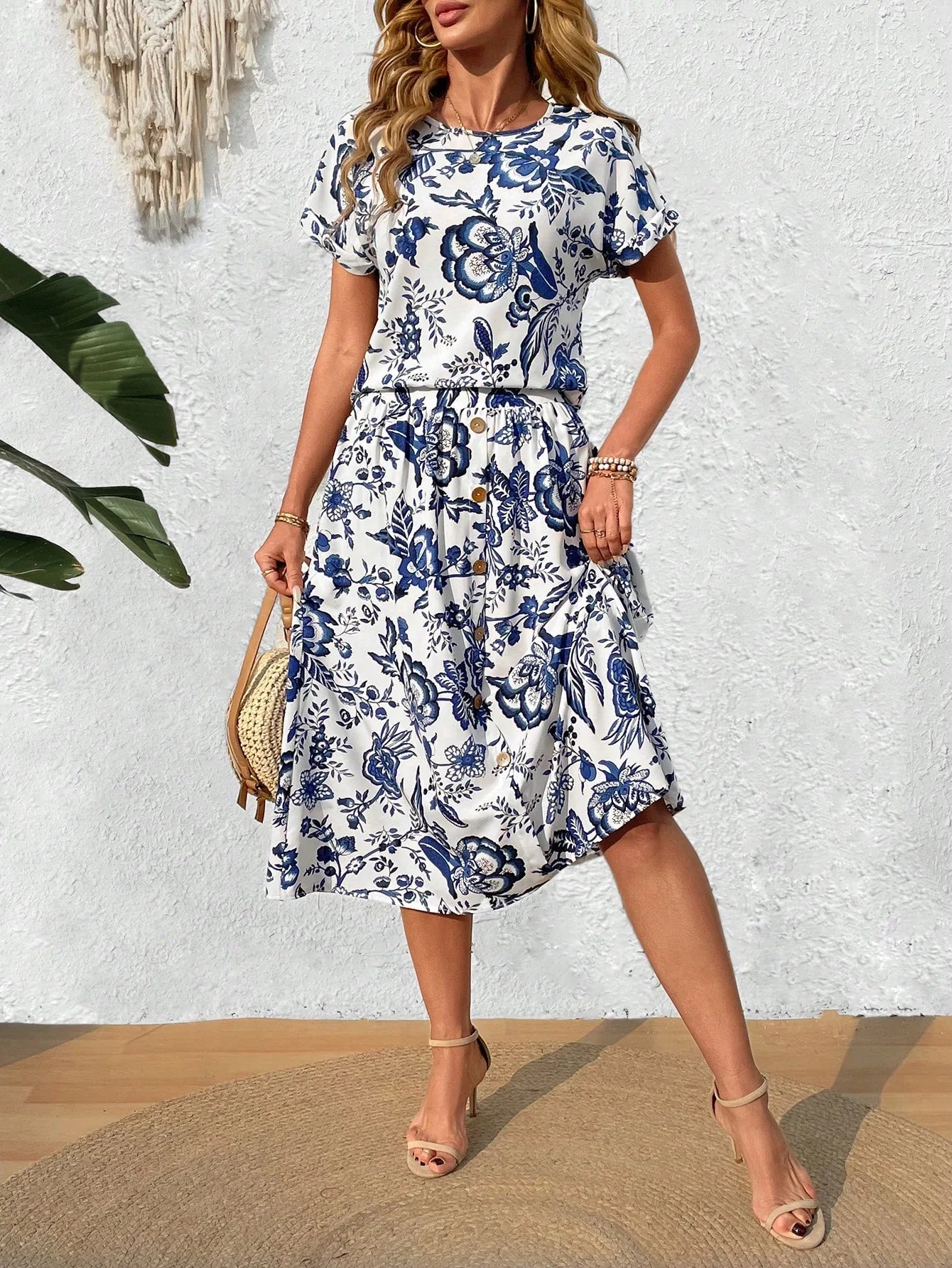 Kvinnors Tvådelad Uppsättning Blommönstrad Midi Rock Polyester 10