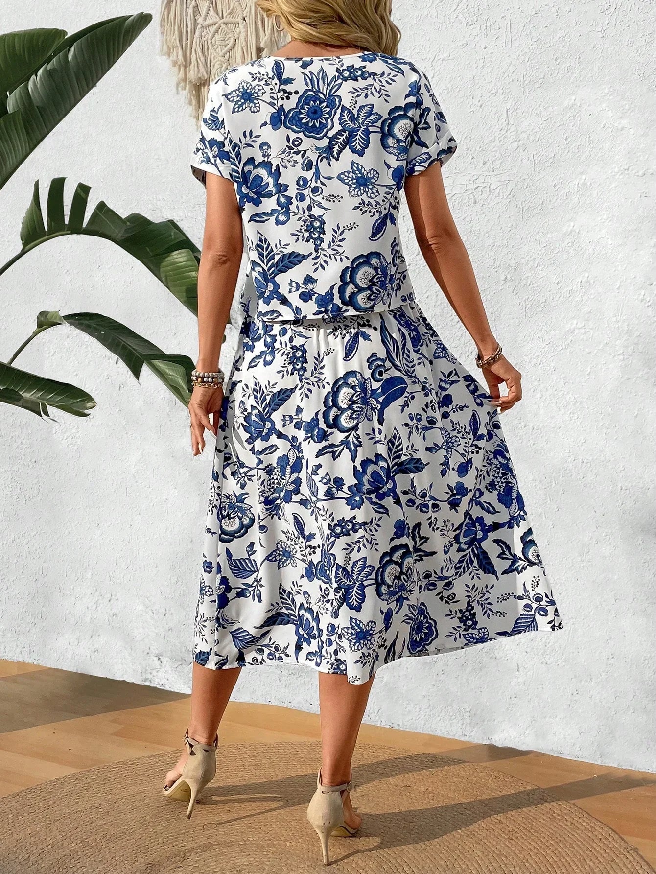 Kvinnors Tvådelad Uppsättning Blommönstrad Midi Rock Polyester 3