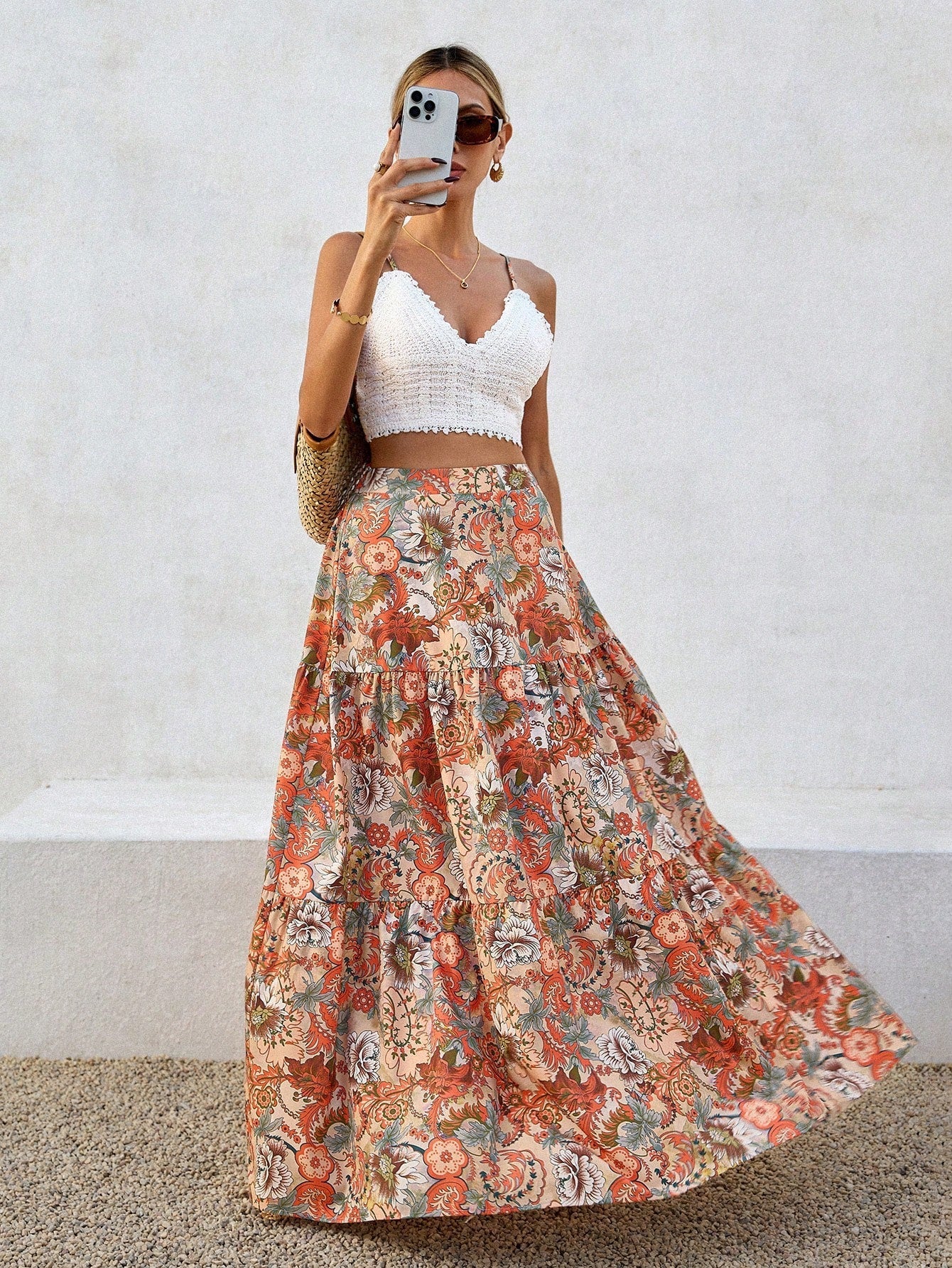 Kvinnors Boho Top och Maxi Rock Set Luftigt Tyg 3