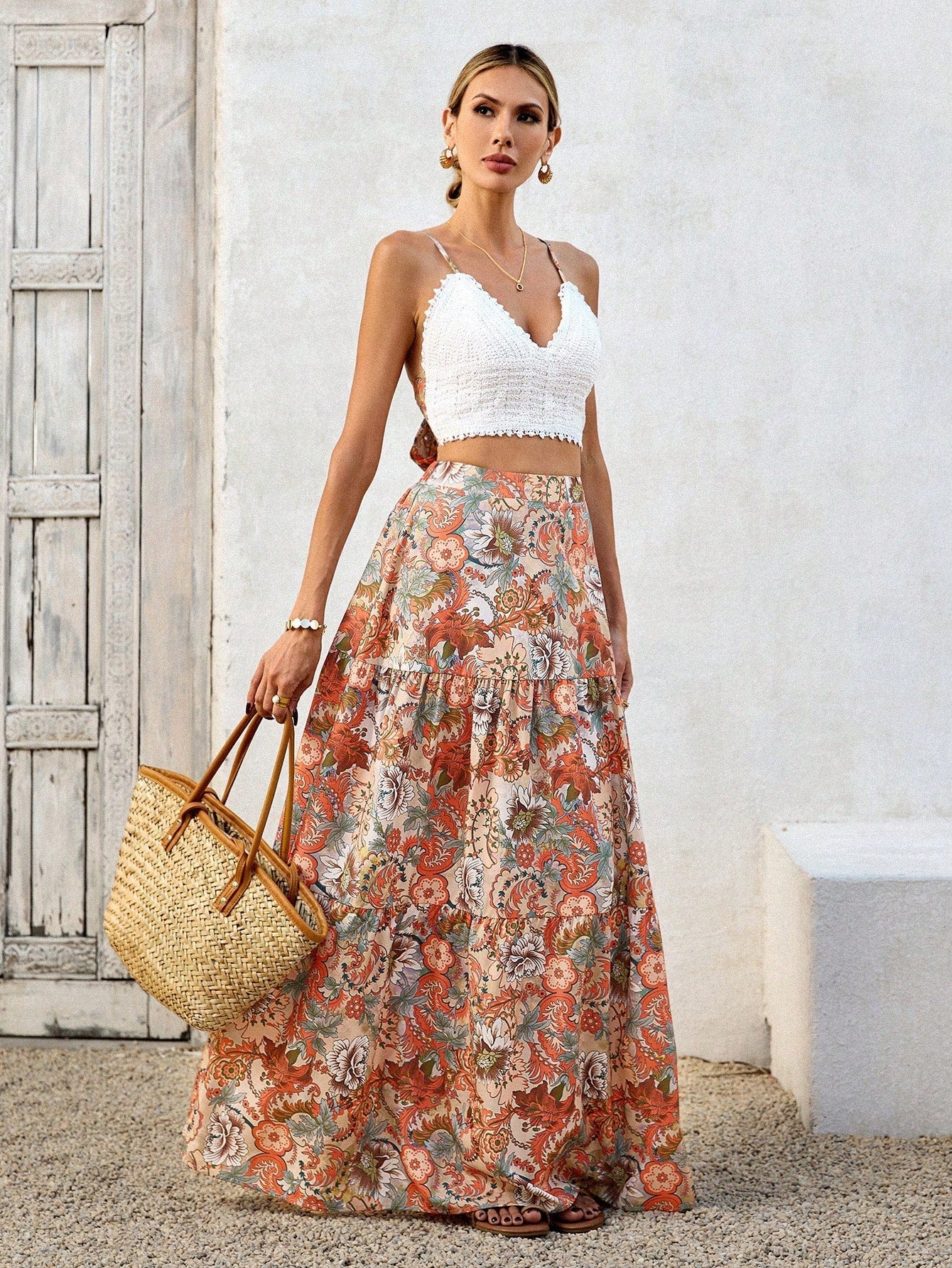 Kvinnors Boho Top och Maxi Rock Set Luftigt Tyg 6