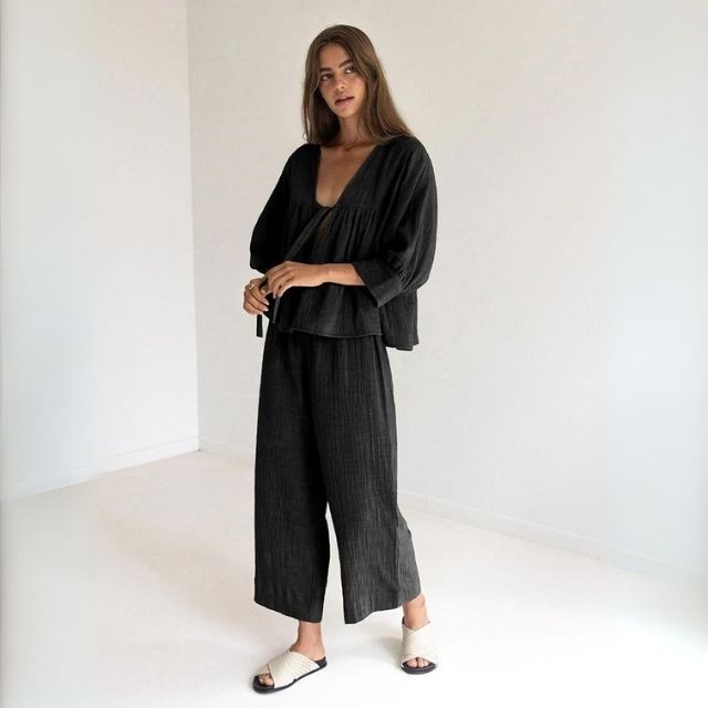 Variant image for Dam Tvådelad Uppsättning Långärmad V-ringning Organiskt Linne-6