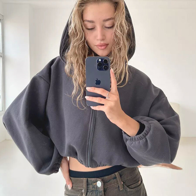 Dam Hoodie Kort Med Blixtlås Ballongärmar Bomullsblandning 3