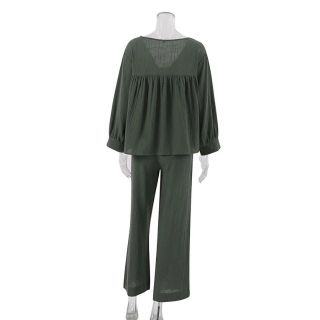 Dam Tvådelad Uppsättning Långärmad V-ringning Organiskt Linne-6