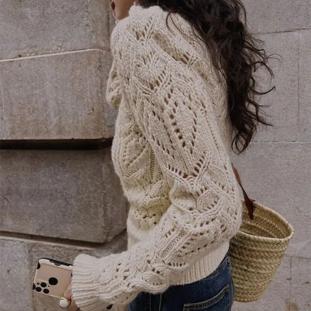 Stickad Dam Tröja Hög Krage Kålmönster Mjuk Fiber-3