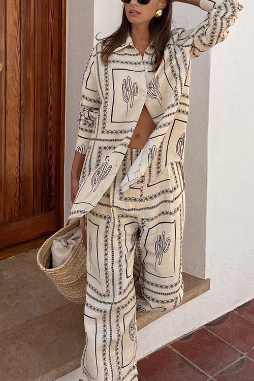 Dam Skjorta med Kaktustryck och Vida Byxor i Bomull och Polyester - Sommarkläder-4