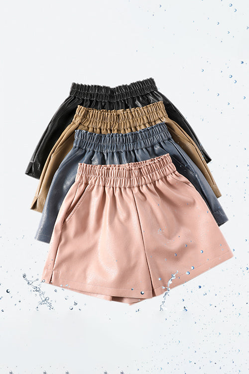 Dam Shorts Elastisk Midja Syntetiskt Läder Fickor-3