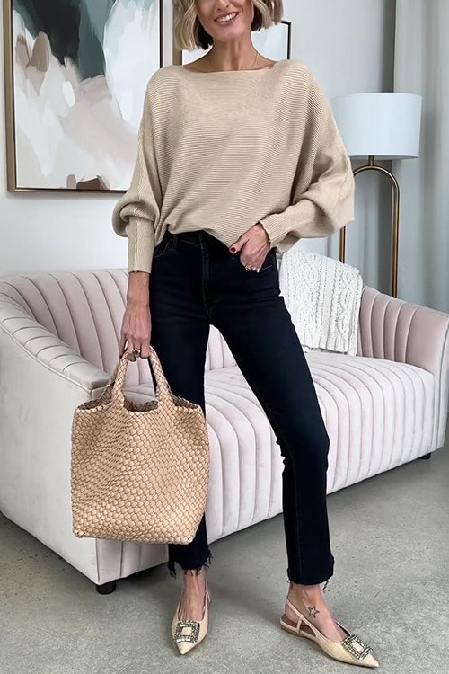 Stickad Dam Tröja Båthals Ribbad Mjuk Bomull Polyester-2