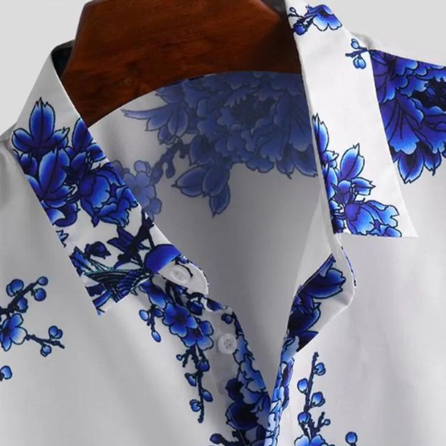 Herrskjorta Blommigt Tryck Klassisk Krage Högkvalitativ Bomull-4