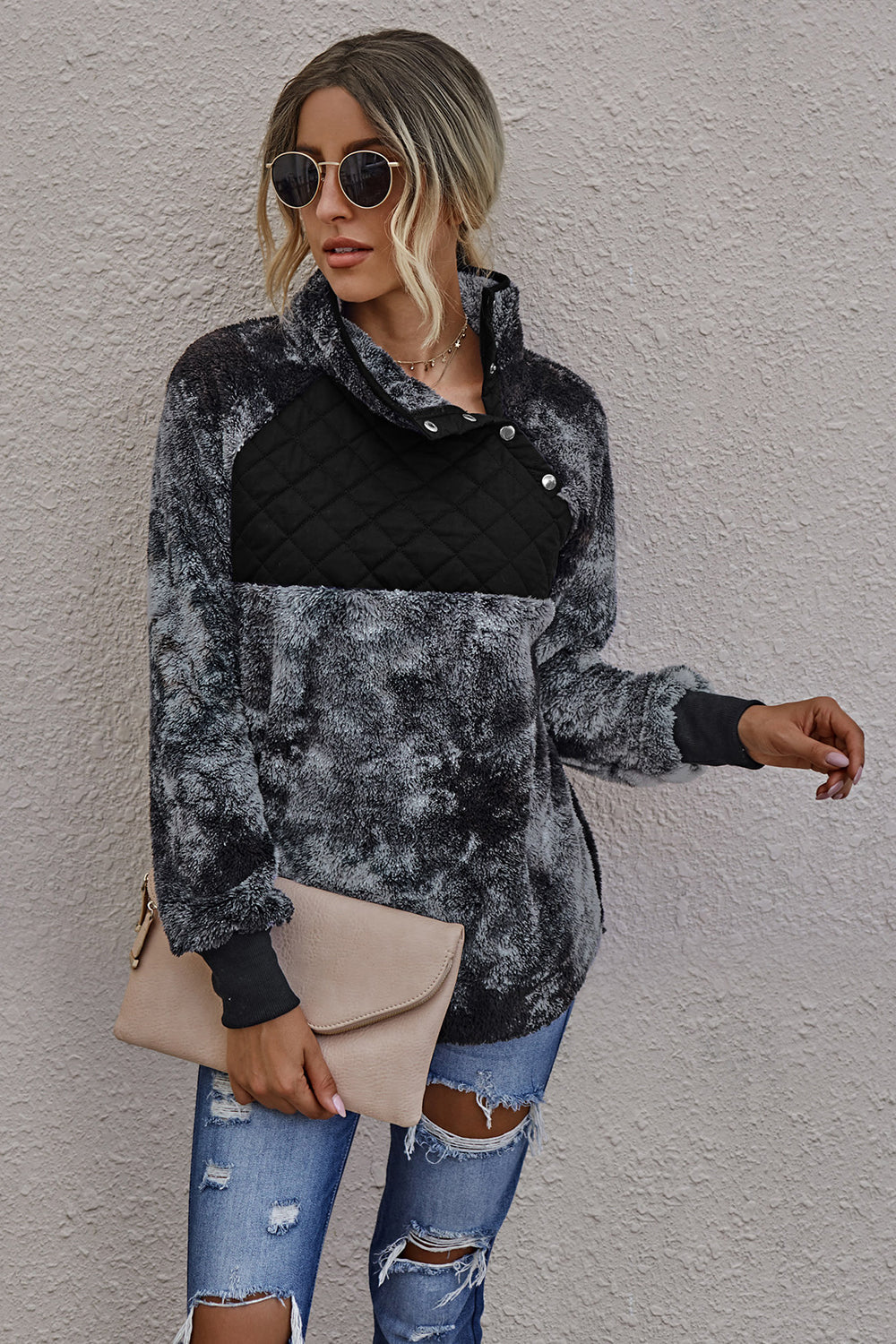 Dam Lång Hoodie Batik Polyester med Stående Krage och Långärmad Design-5