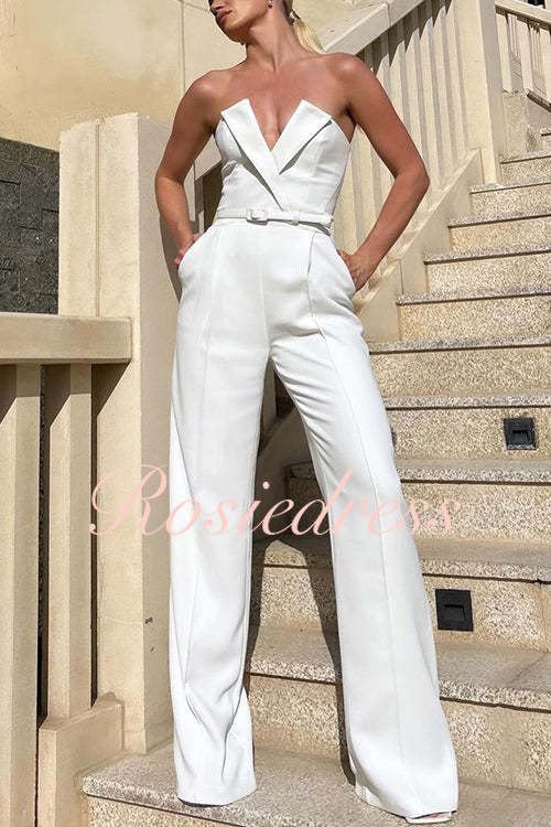 Dam Jumpsuit Stropplös V-Ringning Breda Ben Bomull Polyester-2