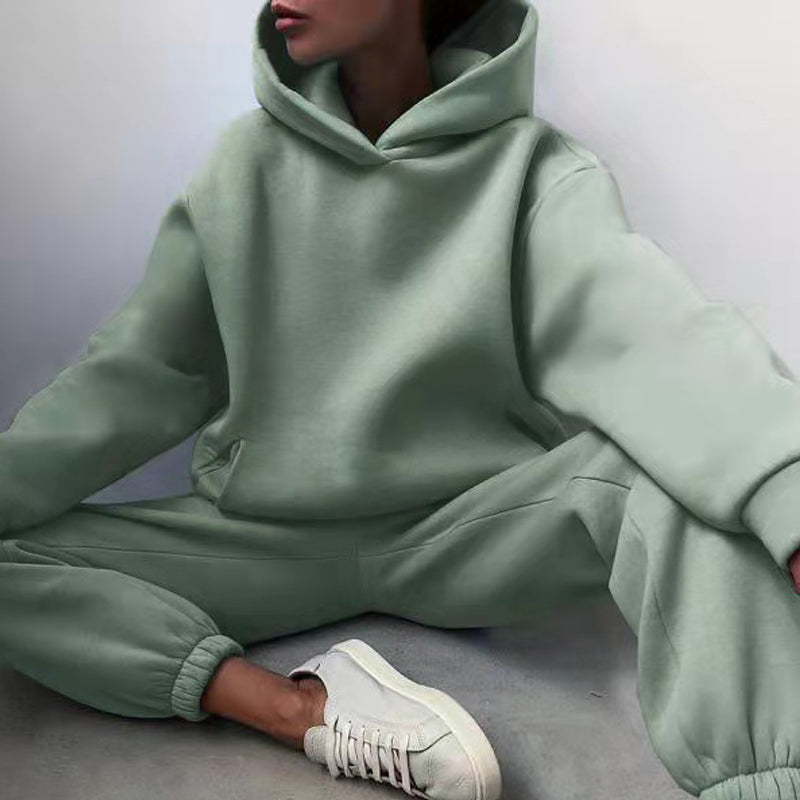 Kvinnors Joggingdräkt Hoodie och Högbelagda Byxor i Mjuk Tyg-2