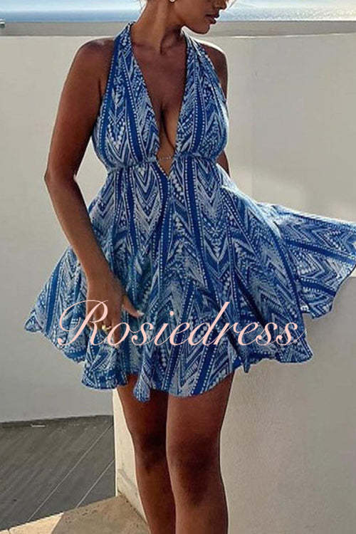 Dam Mini Klänning Halterneck V-hals Öppen Rygg Bomull Polyester-3