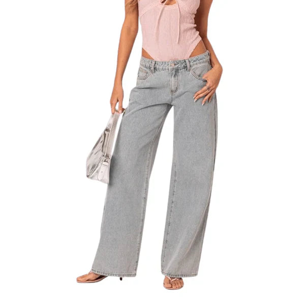 Damjeans Hög Midja Breda Ben Vintage Denim med Hjärtlapp-6