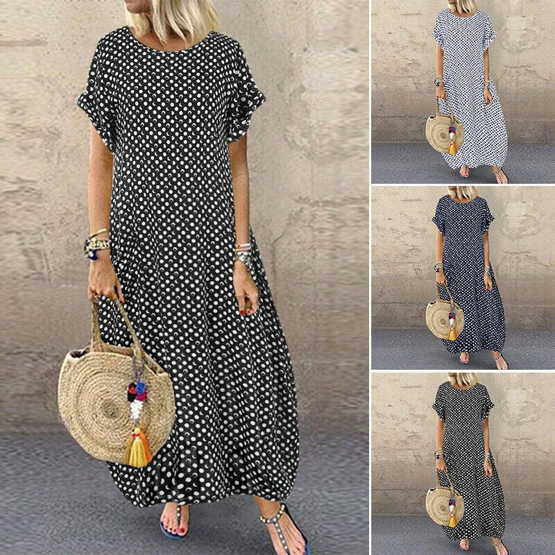 Dam Klänning Midi Prickig Kort Ärmar Polyester-5
