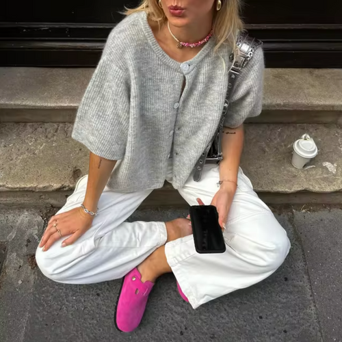 Dam Cardigan Knappar Korta Ärmar Mjuk Stickad Textil-1