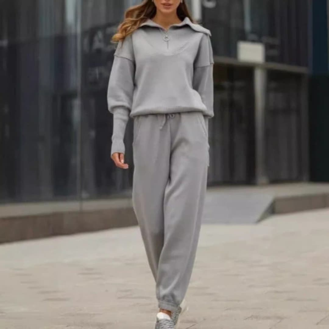 Dam Tvådelat Sportset Halvdragkedja Polyester med Elastisk Midja-6