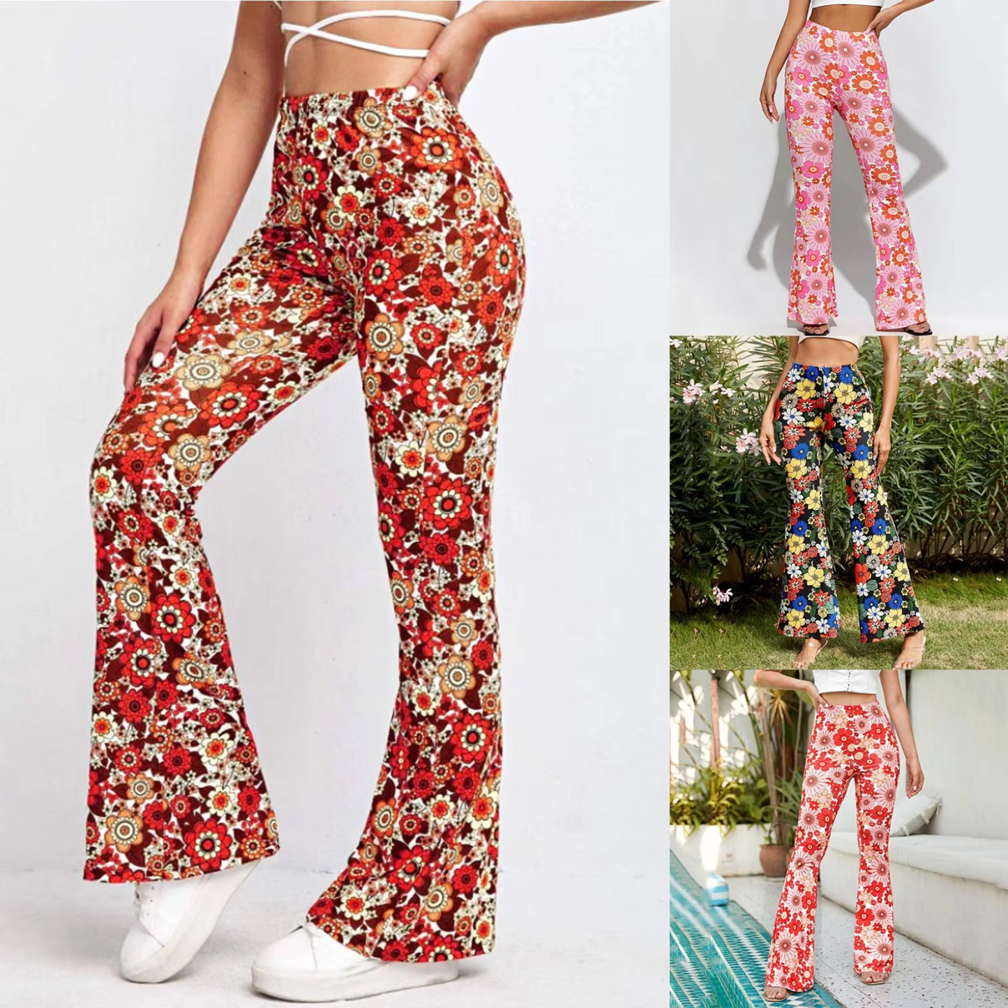 Byxor Dam Blommönster Trendig Design Polyester High Waist-2