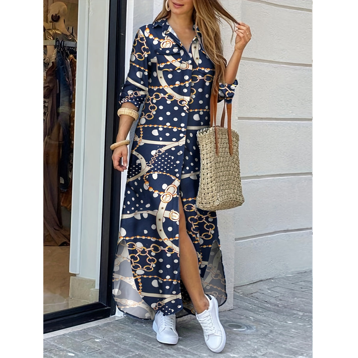 Damklänning med Krage Tryckt Polyester Långärmad Fina Dam Klänningar 6