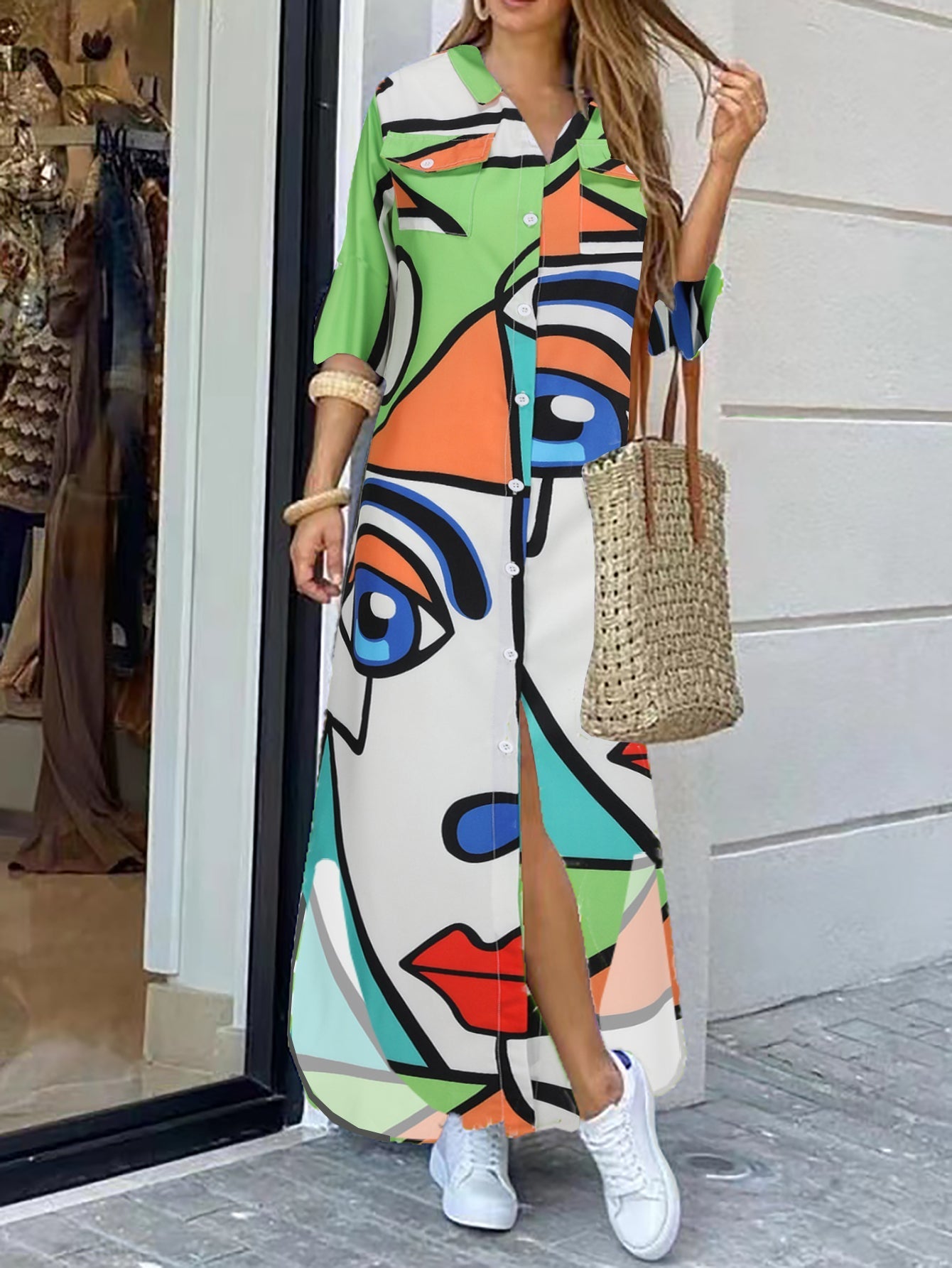 Dam Klänning Lång Ärmskjorta Mönstrad Polyester Loose Fit-1