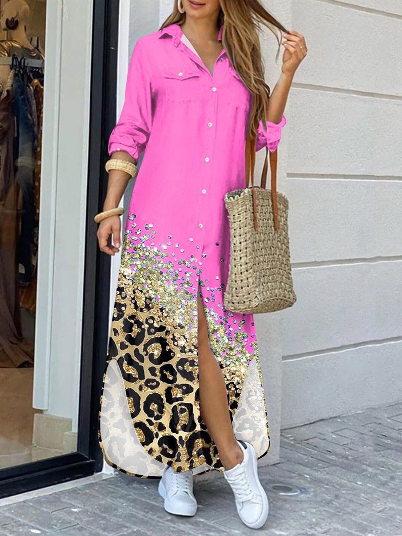 Variant image for Kvinna Lång Ärmskjorta Klänning Leopardmönster Polyester-1