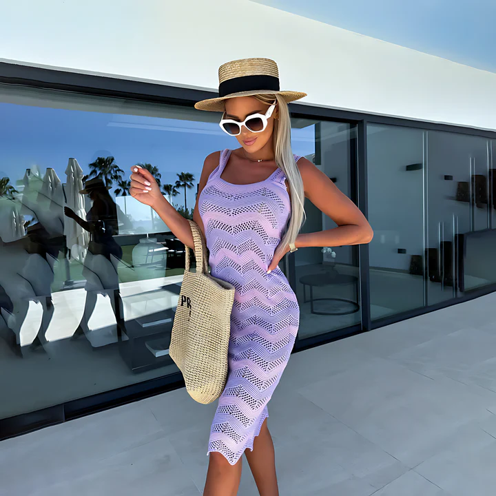 Dam Midiklänning Kuststickad Lätt Material med Flytande Silhuett-5