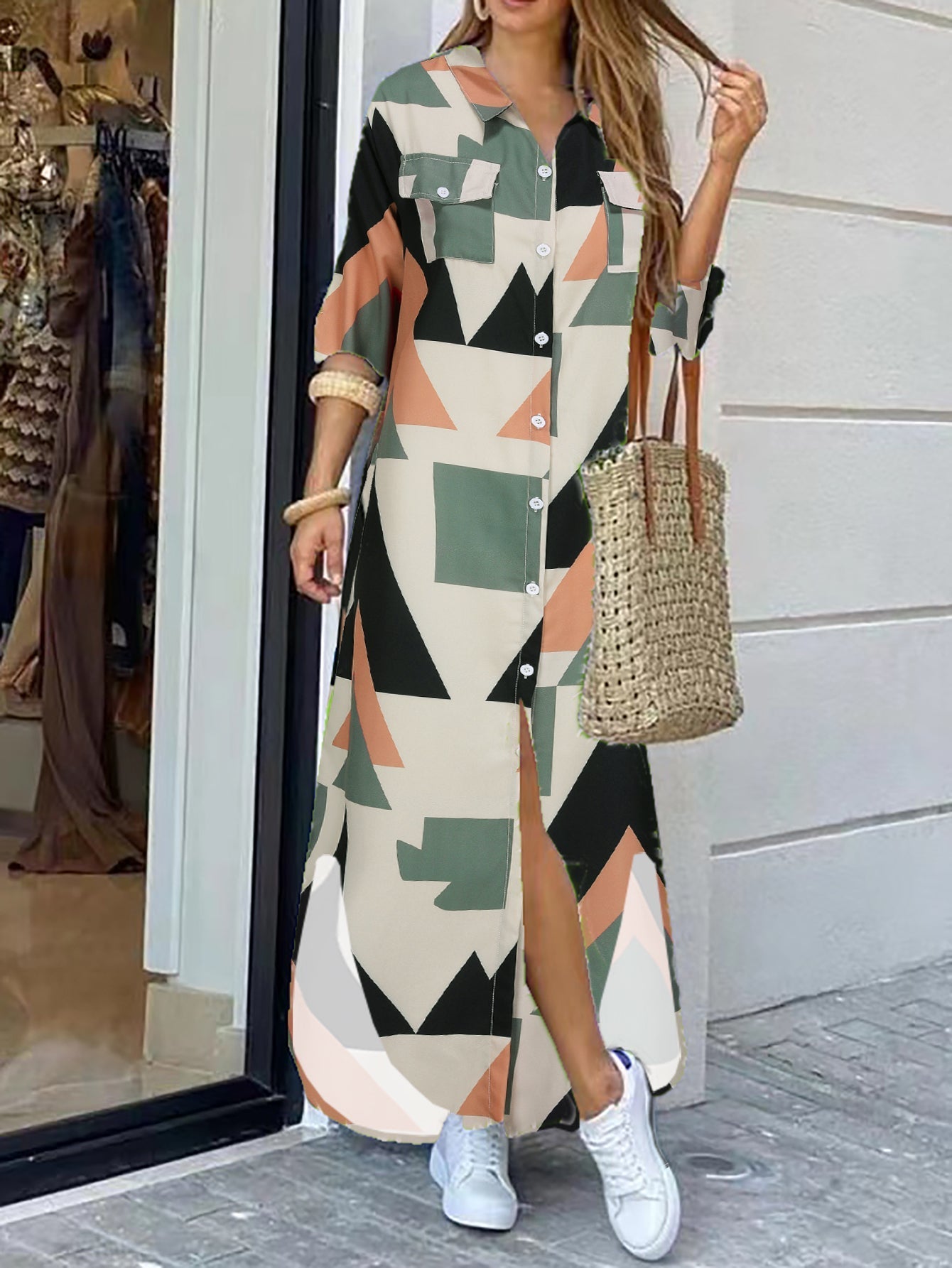 Variant image for Dam Klänning Långärmad Asymmetrisk Polyester Mönstrad-1