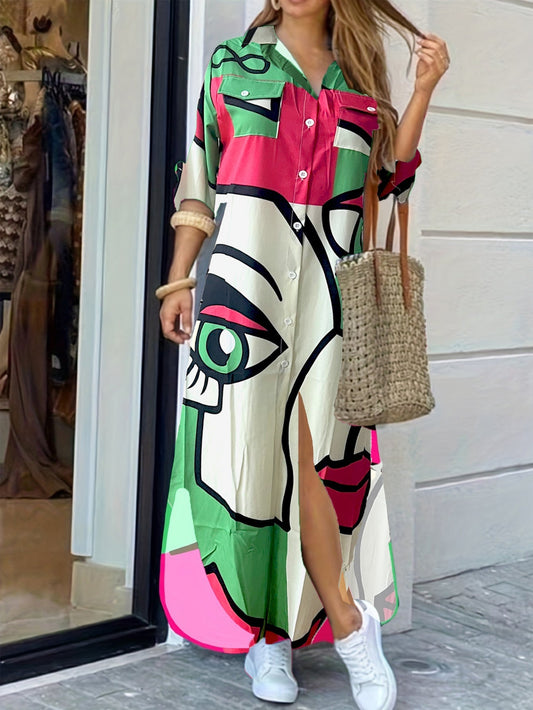 Dam Klänning Långärmad Skjortkrage Färgblock Polyester-1