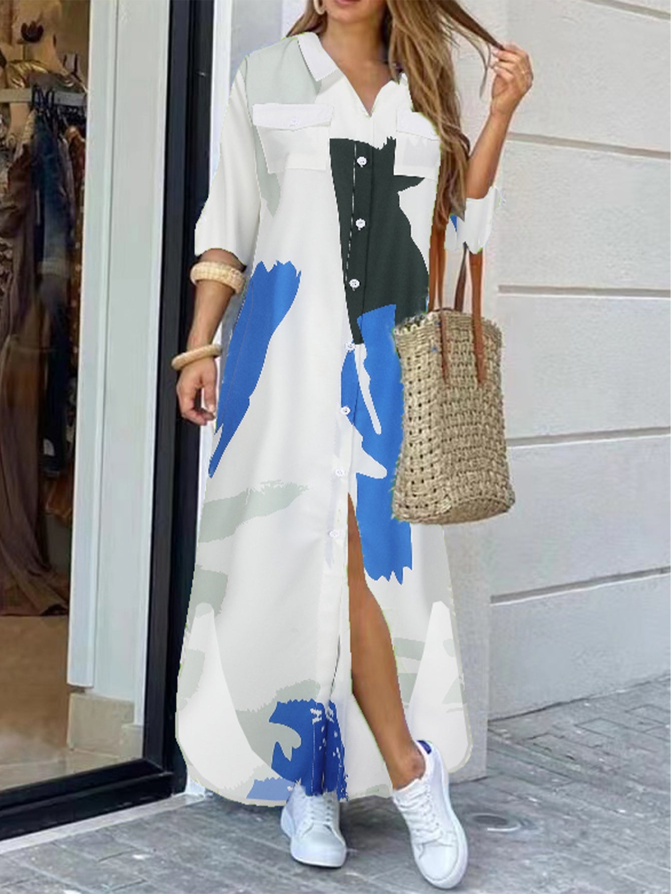 Dam Lång Skjortklänning med Skjortkrage i Polyester-2