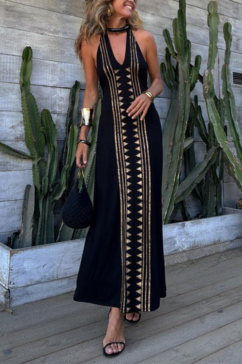 Lång Klänning Dam Maxi Klänning Öppen Rygg Halter Design Bomull Polyester-1